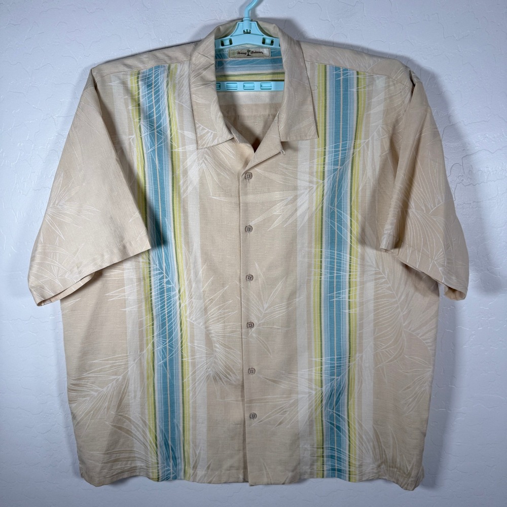 Tommy Bahama Shirt Mens 2XL Beige Silk Palm Leaf Striped Camp Aloha Jacquard